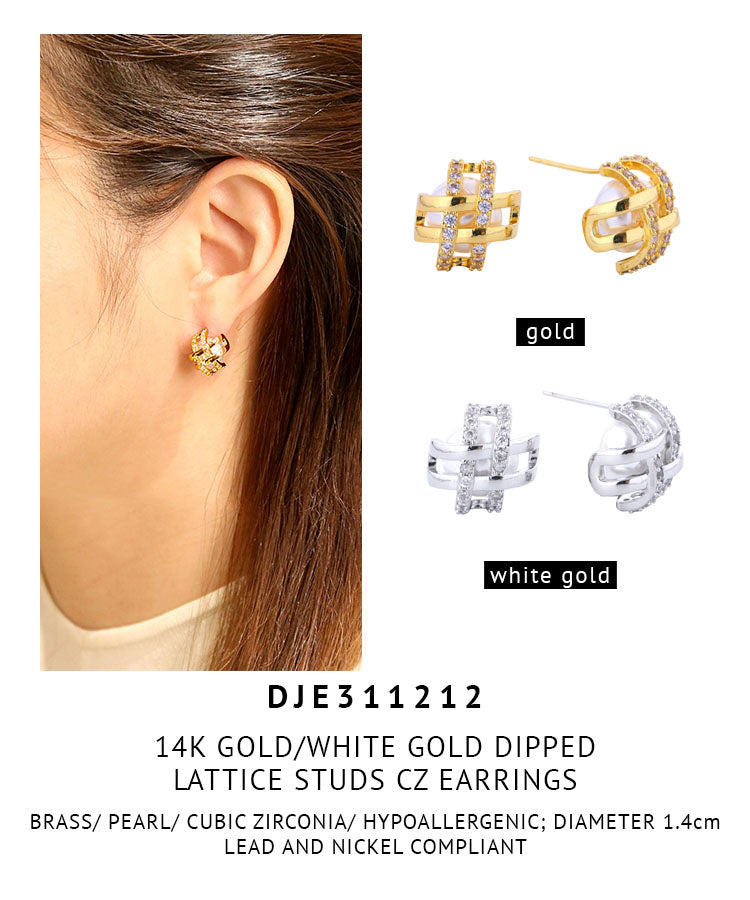 14K Gold Dipped Lattice Studs CZ Earrings