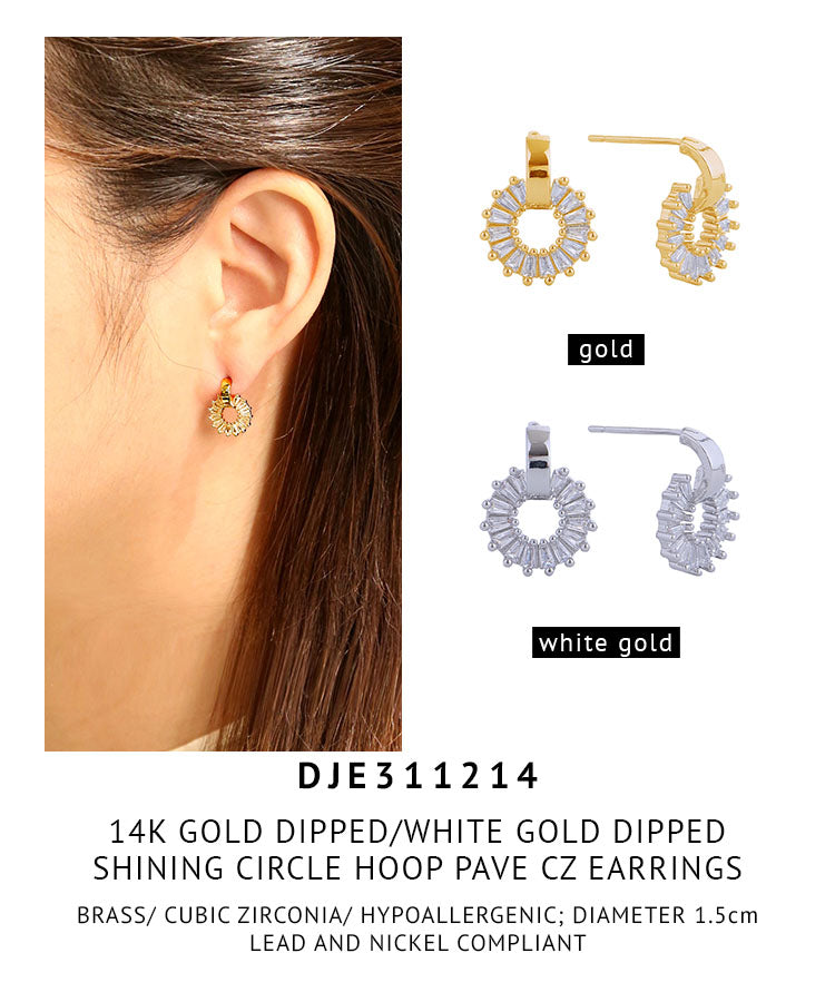 14K Gold Dipped Shining Circle Hoop Pave CZ Earrings