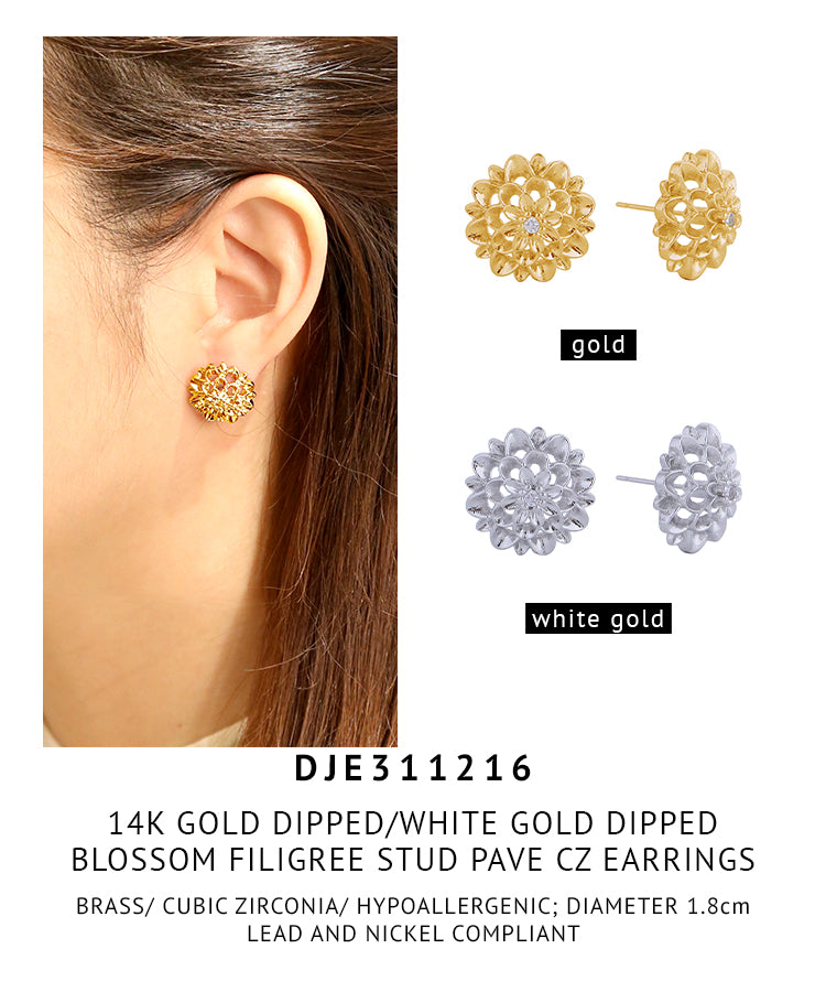 14K Gold Dipped Blossom Filigree Stud Pave CZ Earrings
