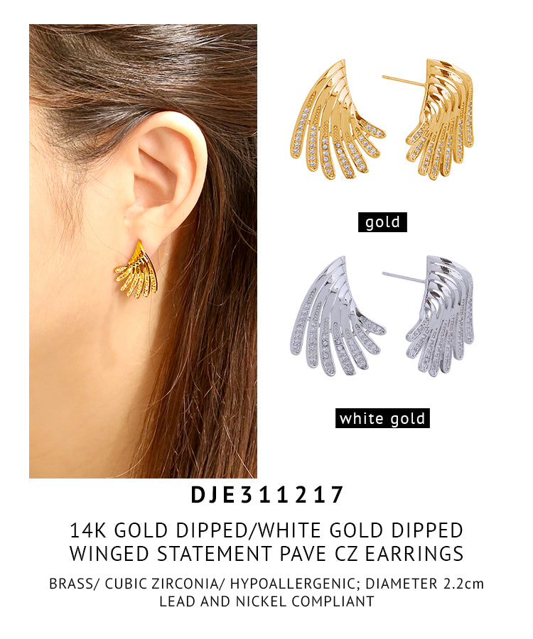 14K Gold Dipped Winged Statement Pave CZ Earrings