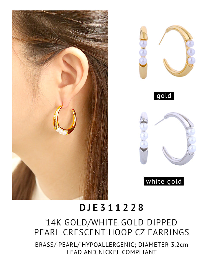 14K Gold Dipped Pearl Crescent Hoop Earrings