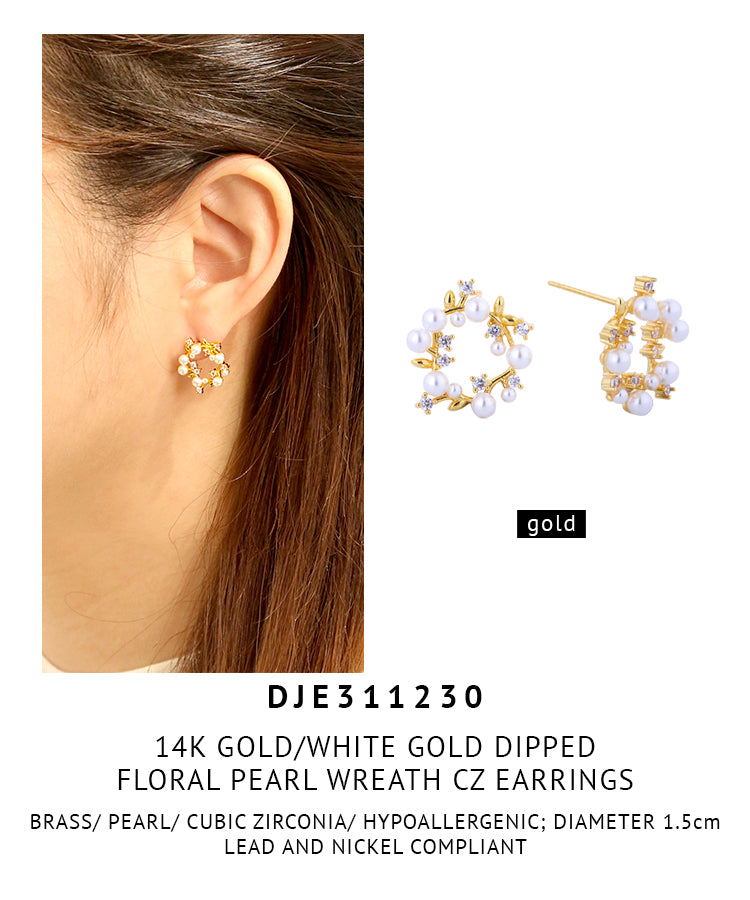 14K Gold Dipped Floral Pearl Wreath CZ Earrings