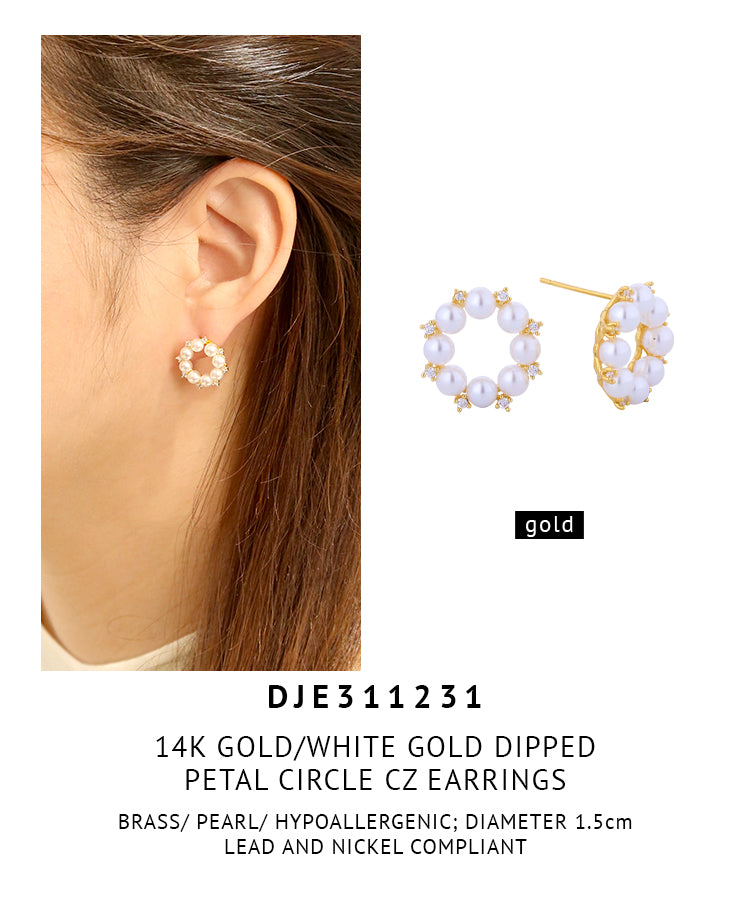 14K Gold Dipped Petal Circle CZ Earrings