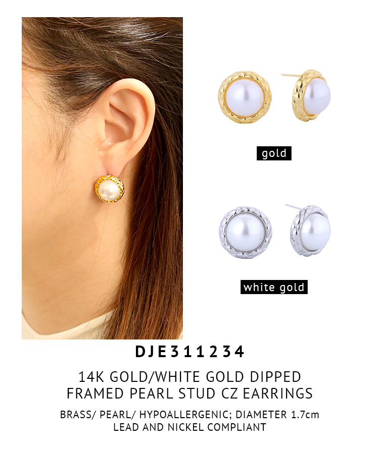 14K Gold Dipped Framed Pearl Stud CZ Earrings