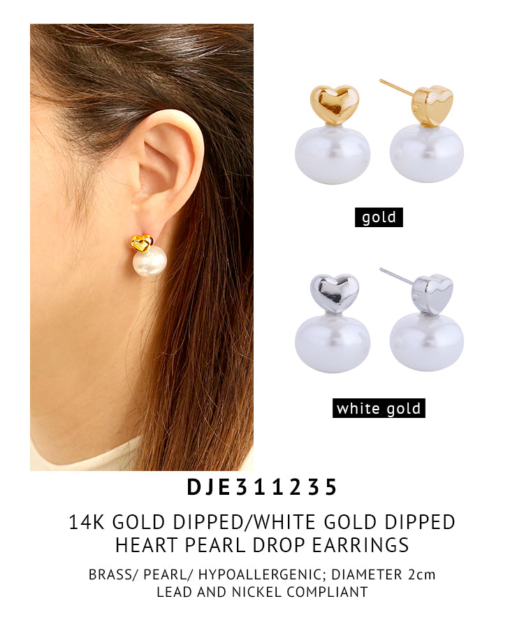 14K Gold Dipped Heart Pearl Drop Earrings