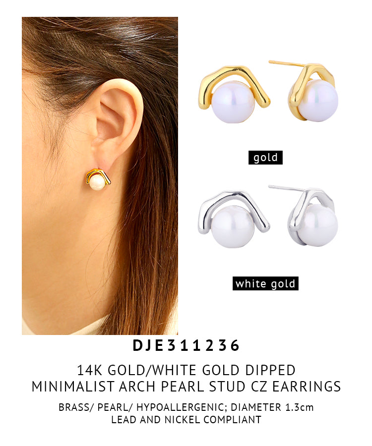 14K Gold Dipped Minimalist Arch Pearl Stud Earrings