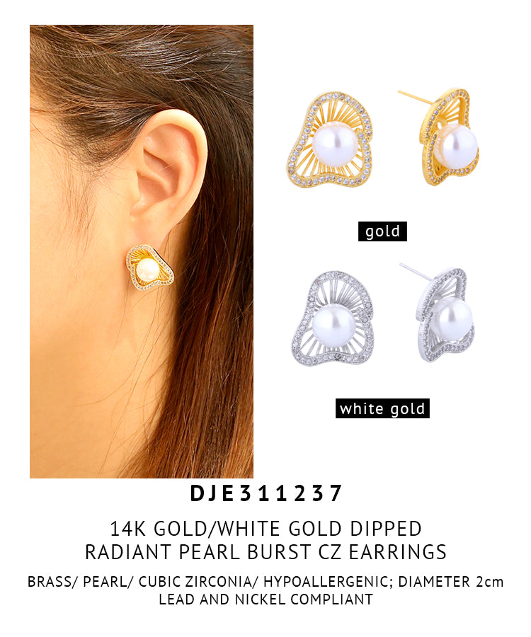 14K Gold Dipped Radiant Pearl Burst CZ Earrings