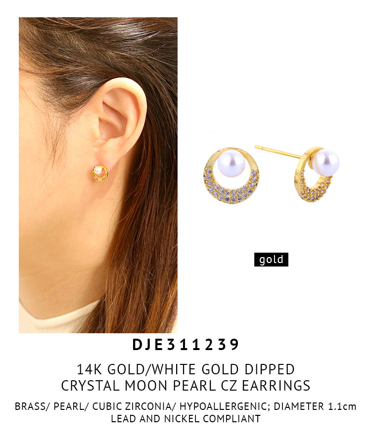 14K Gold Dipped Crystal Moon Pearl CZ Earrings