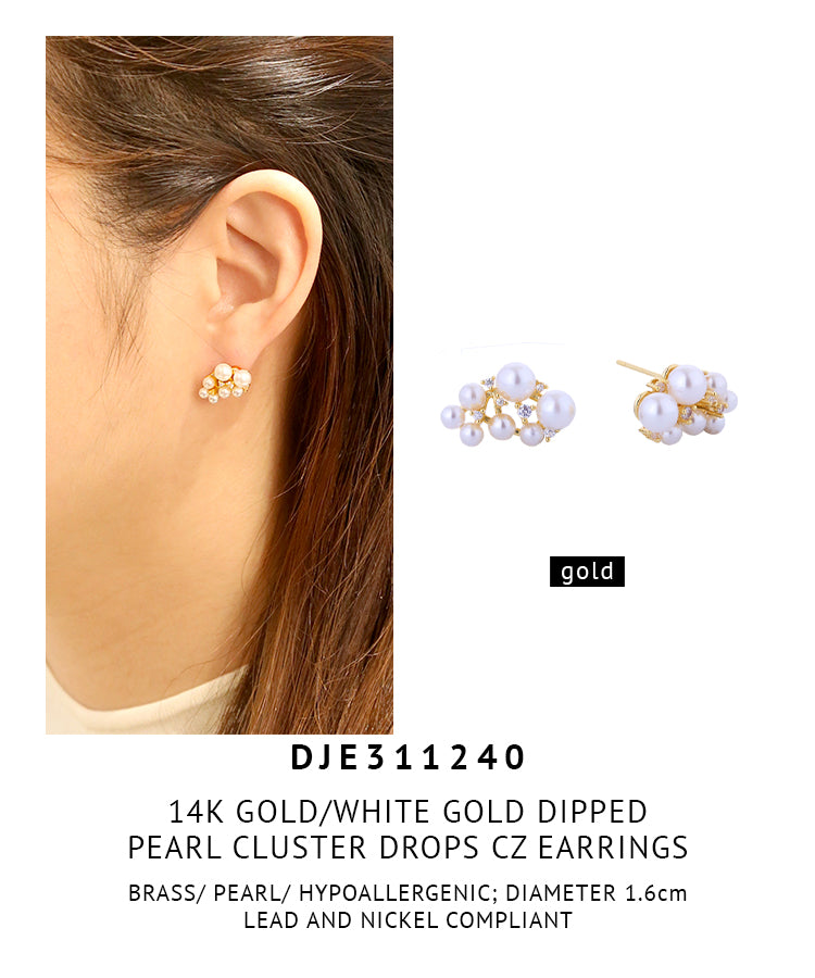 14K Gold Dipped Pearl Cluster Drops CZ Earrings