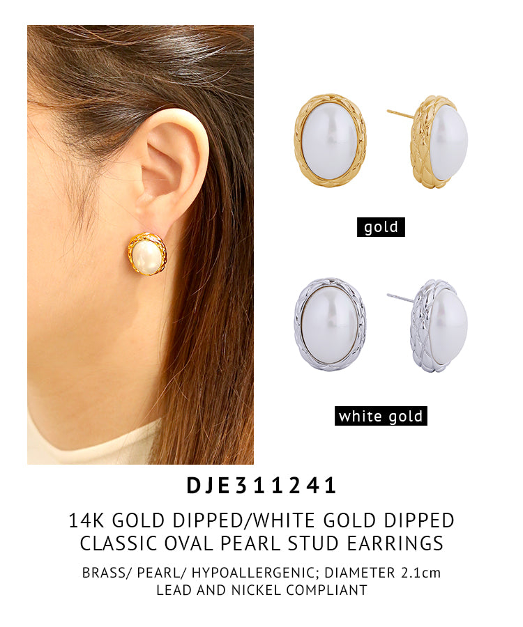 14K Gold Dipped Classic Oval Pearl Stud Earrings