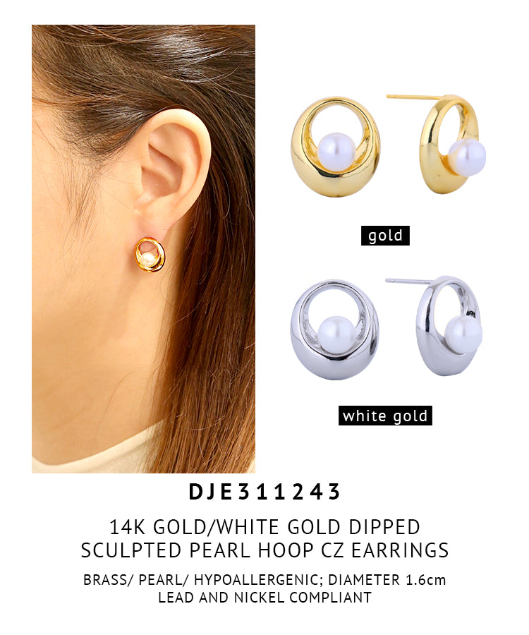 14K Gold Dipped Sculpted Pearl Hoop Earrings