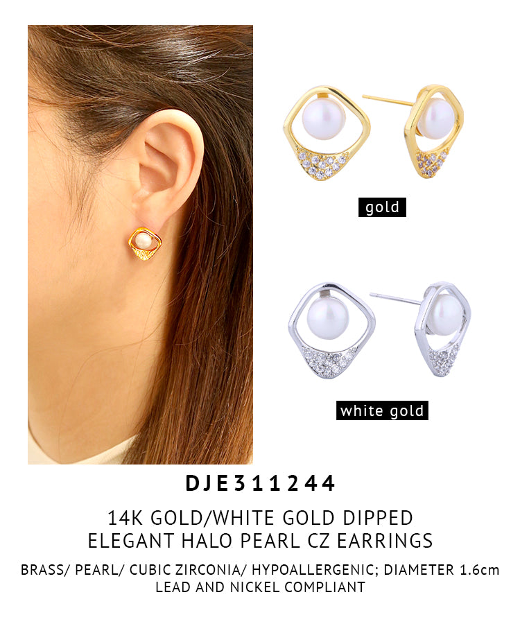 14K Gold Dipped Elegant Halo Pearl CZ Earrings