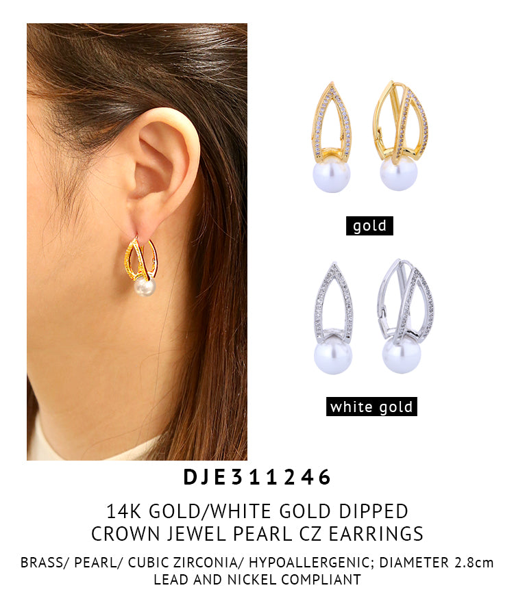 14K Gold Dipped Crown Jewel Pearl CZ Earrings
