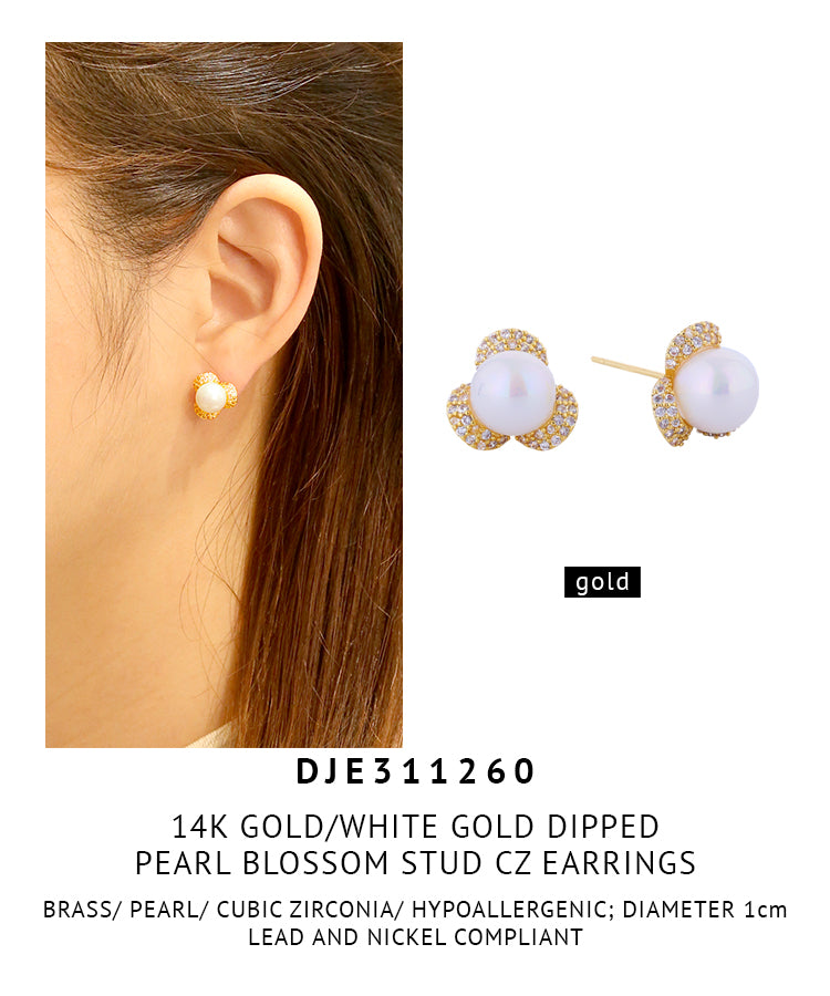 14K Gold Dipped Pearl Blossom Stud CZ Earrings