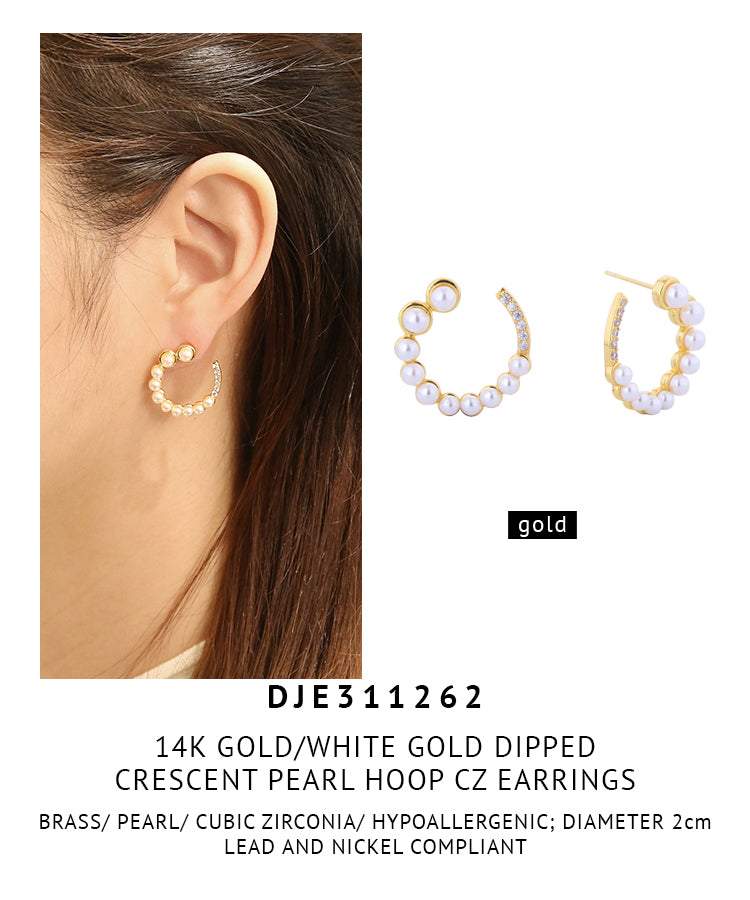 14K Gold Dipped Crescent Pearl Hoop CZ Earrings