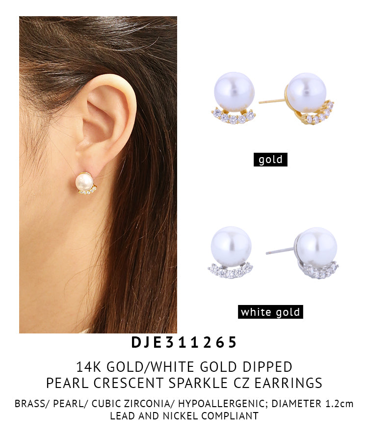 14K Gold Dipped Pearl Crescent Sparkle CZ Earrings