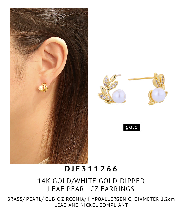 14K Gold Dipped Leaf Pearl CZ Earrings