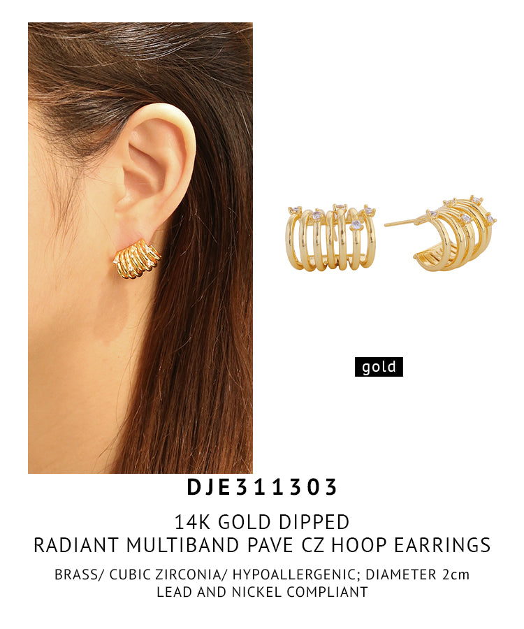 14K Gold Dipped Radiant Multiband Pave CZ Hoop Earrings