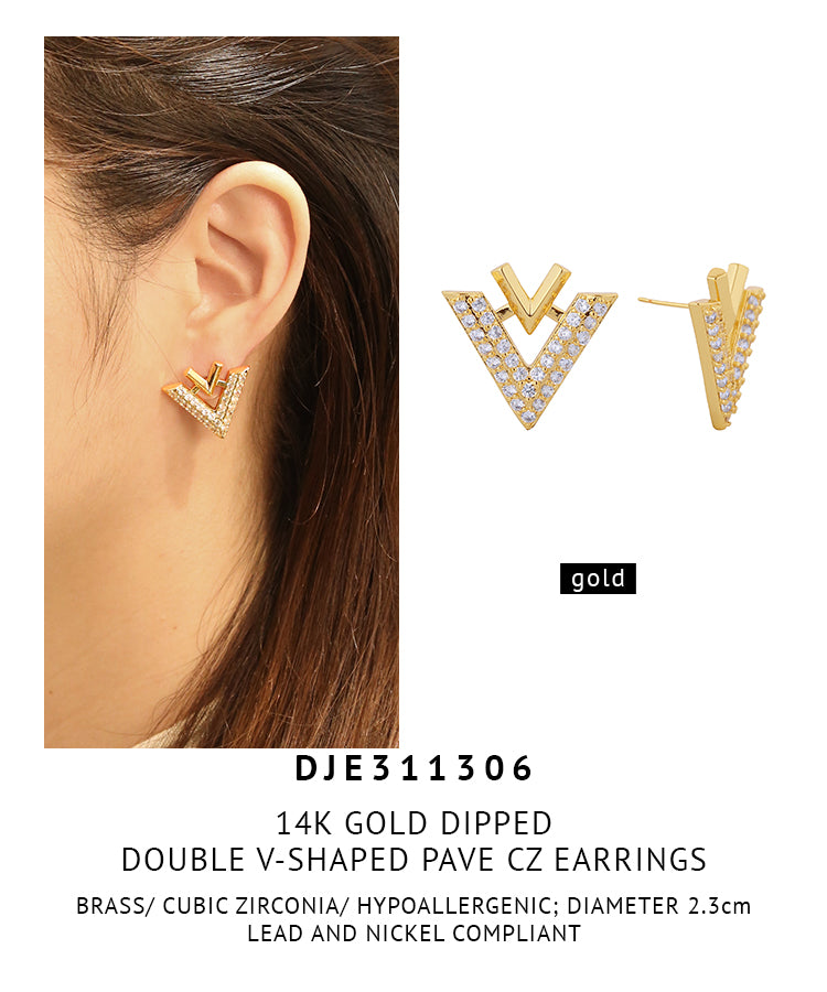14K Gold Dipped Double V-Shaped Pave CZ Earrings