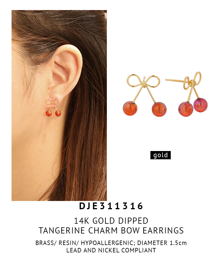 14K Gold Dipped Tangerine Charm Bow Earrings