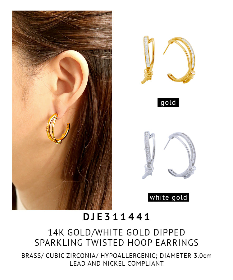 14K Gold Dipped Sparkling Twisted Hoop Earrings