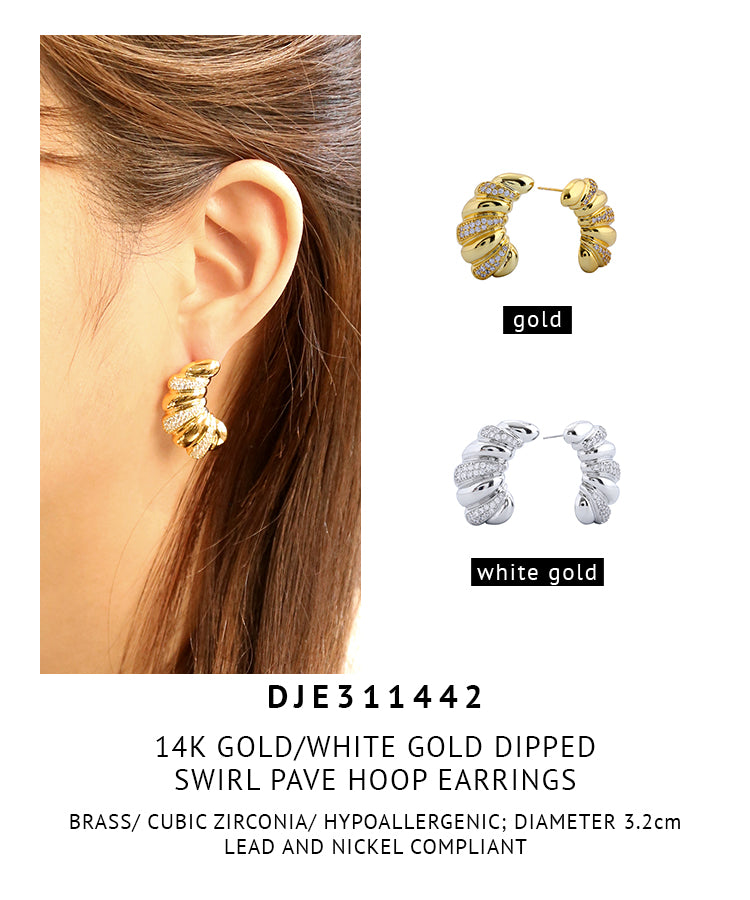 14K Gold Dipped Swirl Pave Hoop Earrings