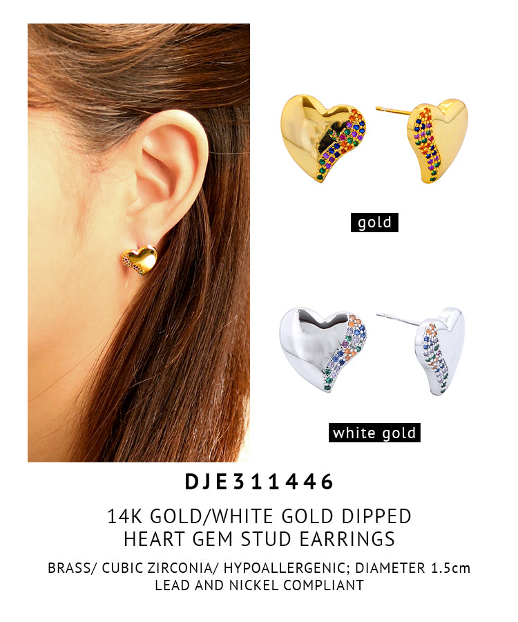 14K Gold Dipped Heart Gem Stud Earrings