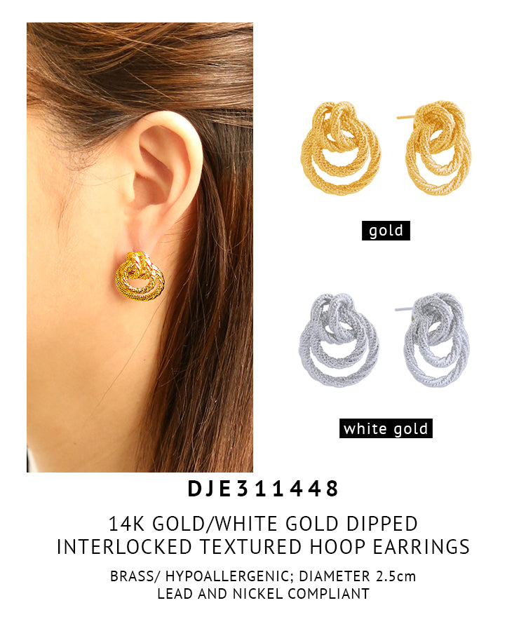 14K Gold Dipped Interlocked Textured Hoop Earrings