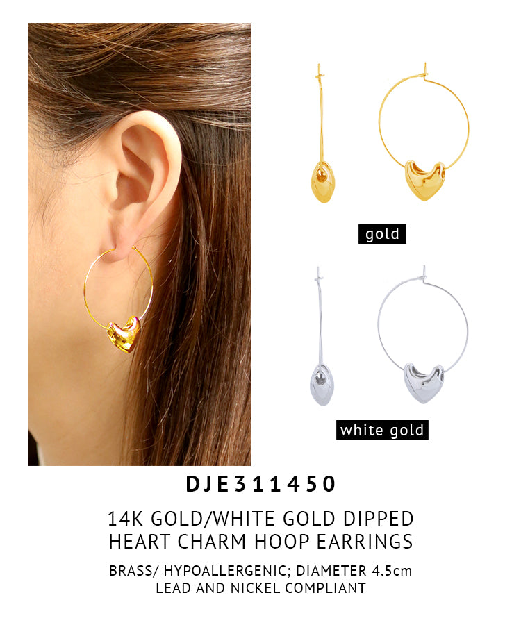 14K Gold Dipped Heart Charm Hoop Earrings