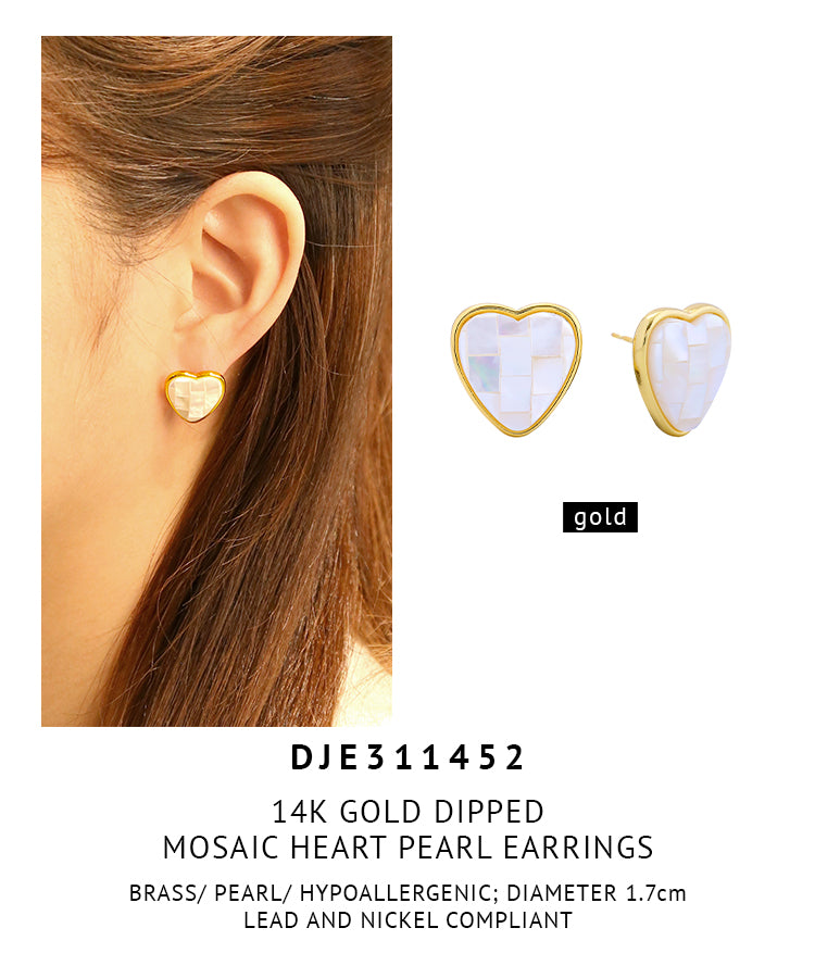 14K Gold Dipped Mosaic Heart Pearl Earrings