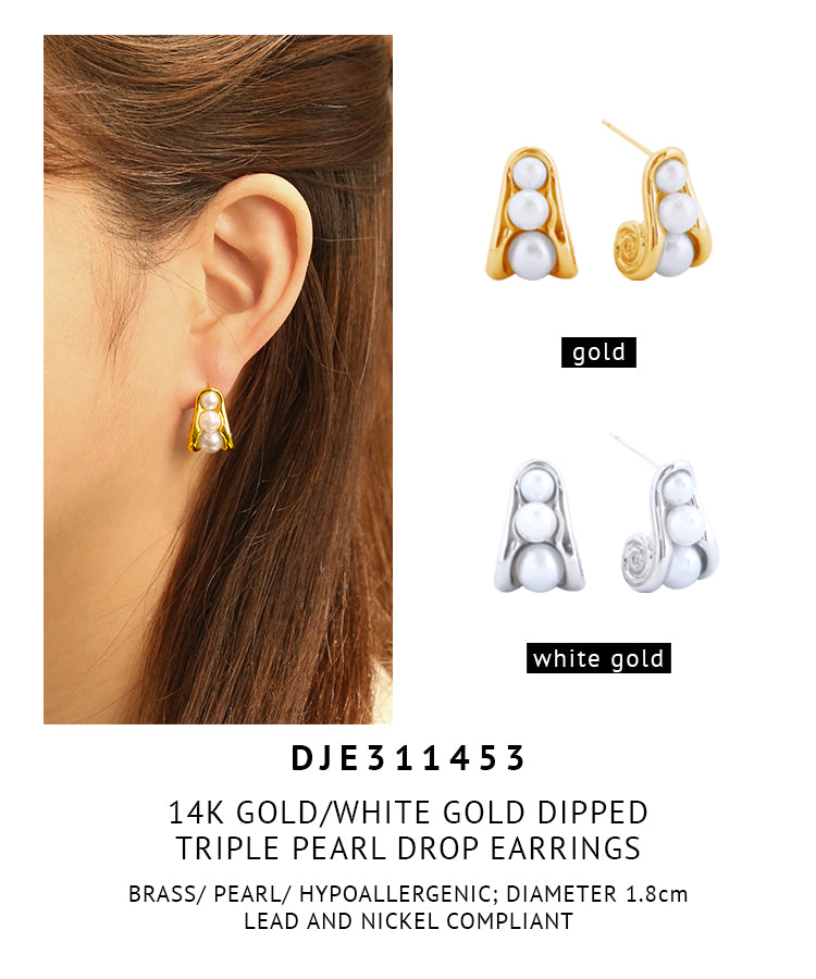 14K Gold Dipped Triple Pearl Drop Earrings