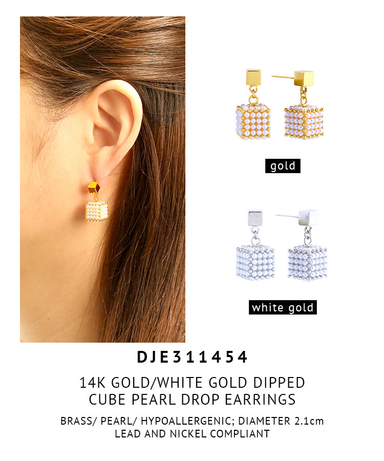 14K Gold Dipped Cube Pearl Drop Earrings