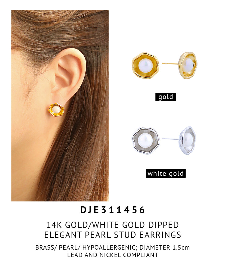 14K Gold Dipped Elegant Pearl Stud Earrings