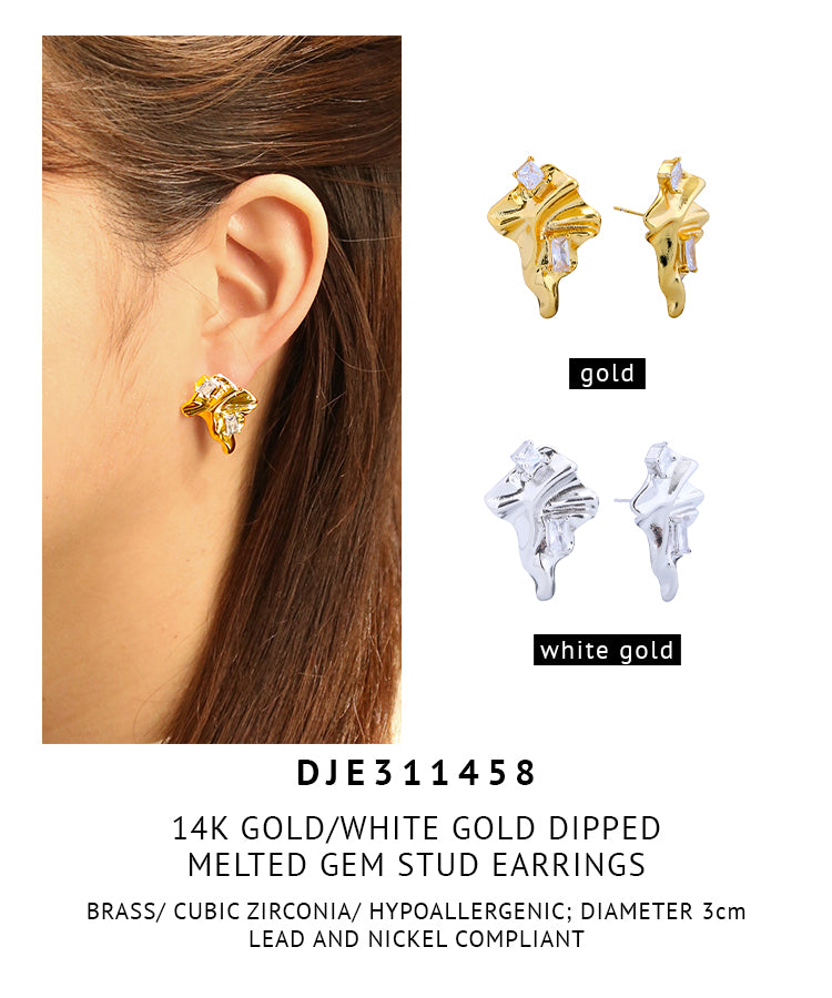 14K Gold Dipped Melted Gem Stud Earrings