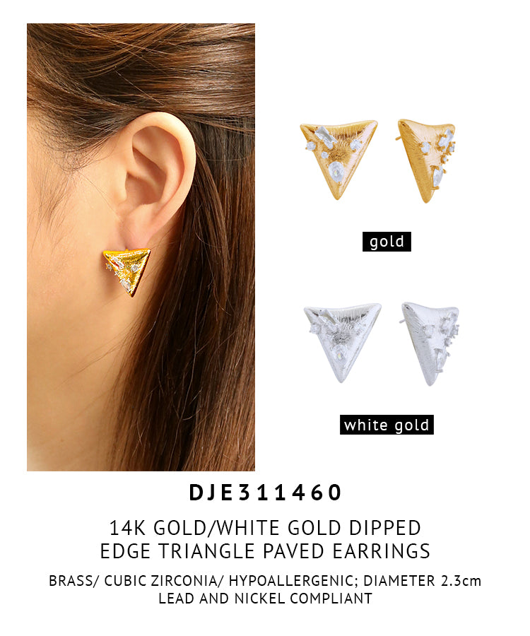 14K Gold Dipped Edge Triangle Paved Earrings