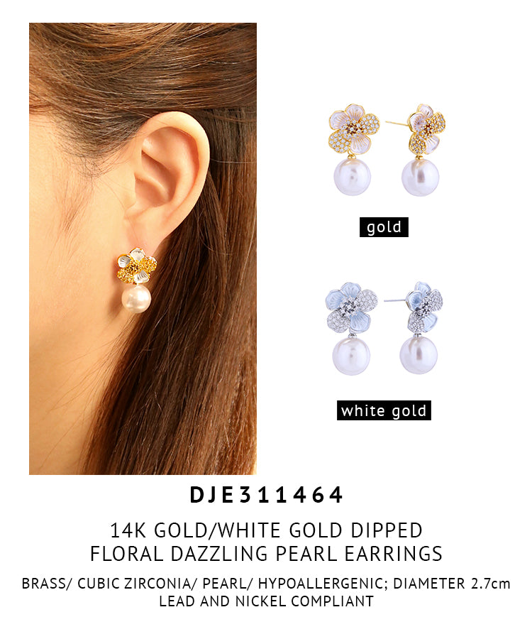 14K Gold Dipped Floral Dazzling Pearl Earrings