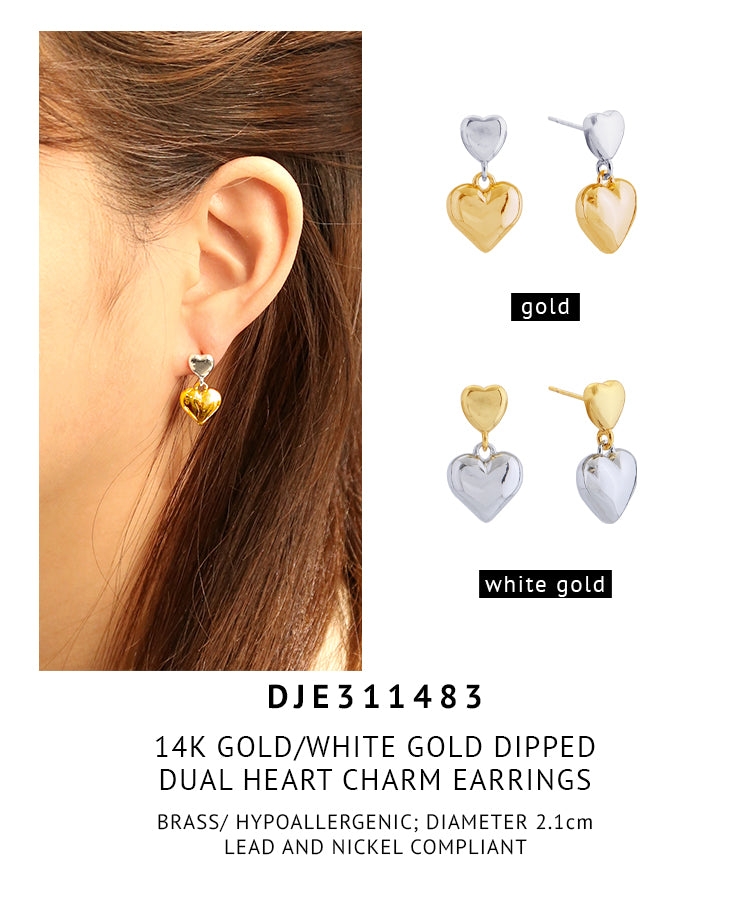 14K Gold Dipped Dual Heart Charm Earrings