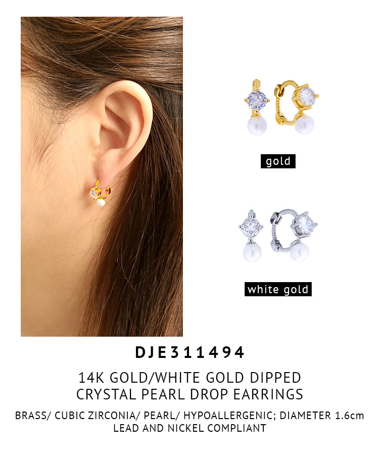 14K Gold Dipped Crystal Pearl Drop Earrings
