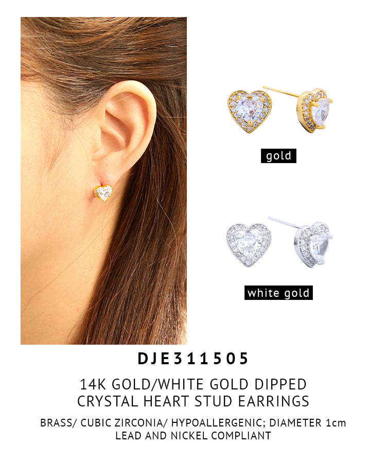 14K Gold Dipped Crystal Heart Stud Earrings
