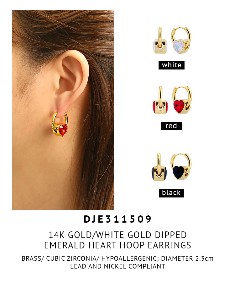 14K Gold Dipped Emerald Heart Hoop Earrings