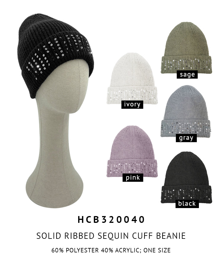 Solid Ribbed Sequin Cuff Beanie