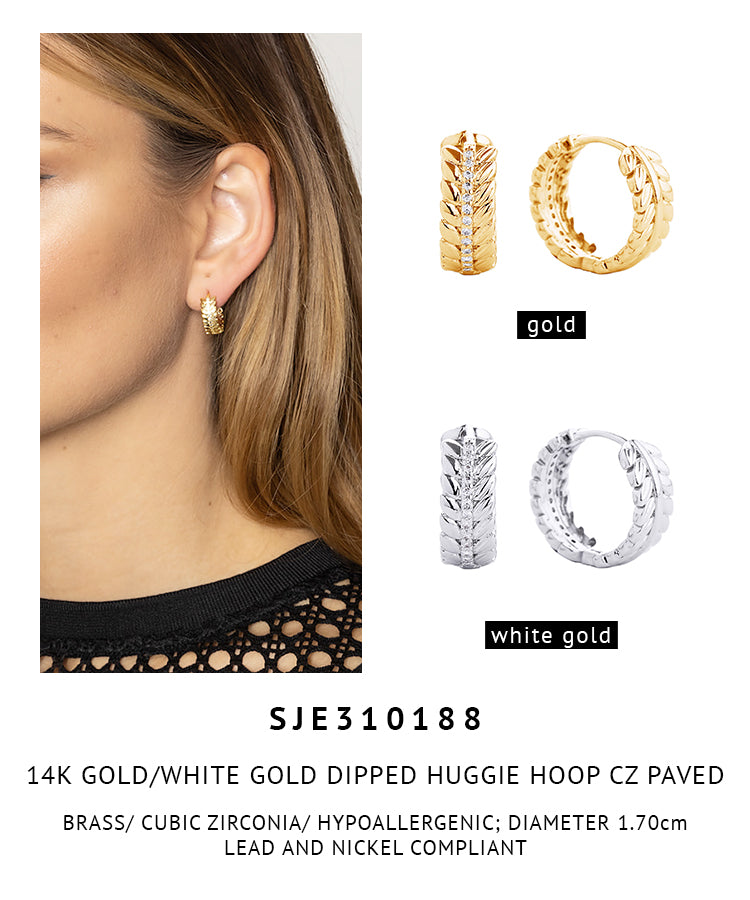 14K Gold Dipped Huggie Hoop Brass CZ Paved