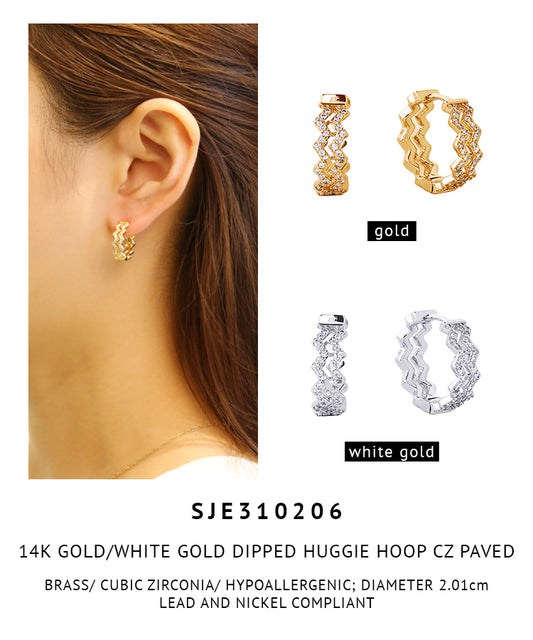 14K Gold Dipped Zigzag Pave CZ Huggie Hoop Earrings