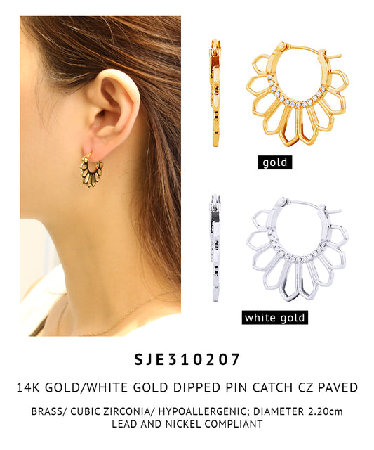 14K Gold Dipped Pave CZ Floral Hoop Earrings