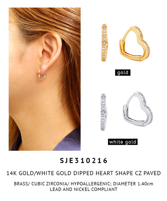 14K Gold Dipped Pave CZ Heart Hoop Earrings