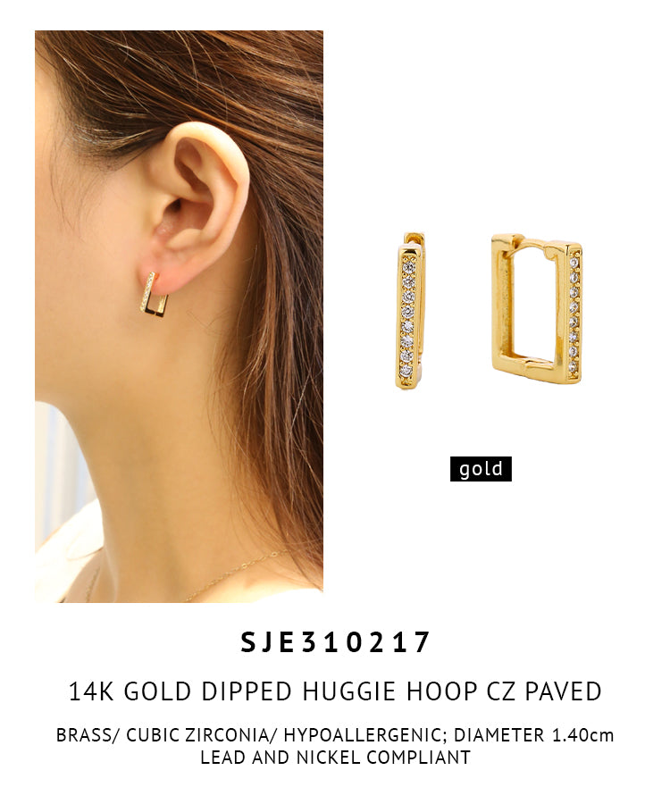 14K Gold Dipped Pave CZ Square Huggie Earrings