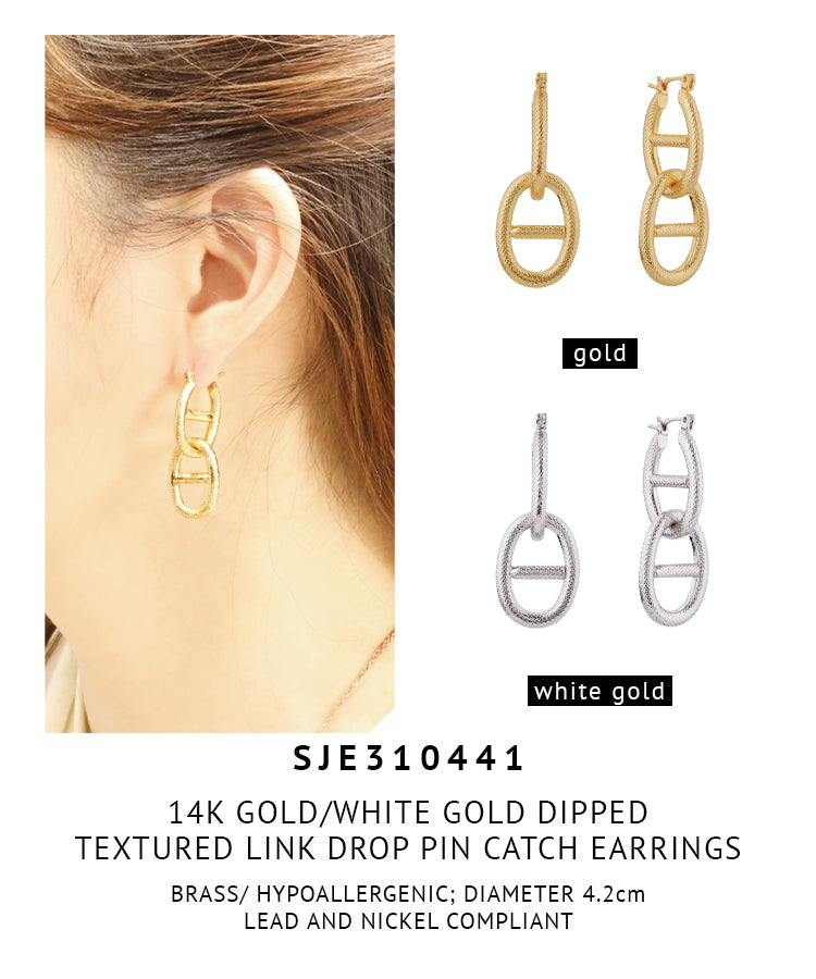 14K Gold Dipped Textured Link Drop Pincatch Earrings