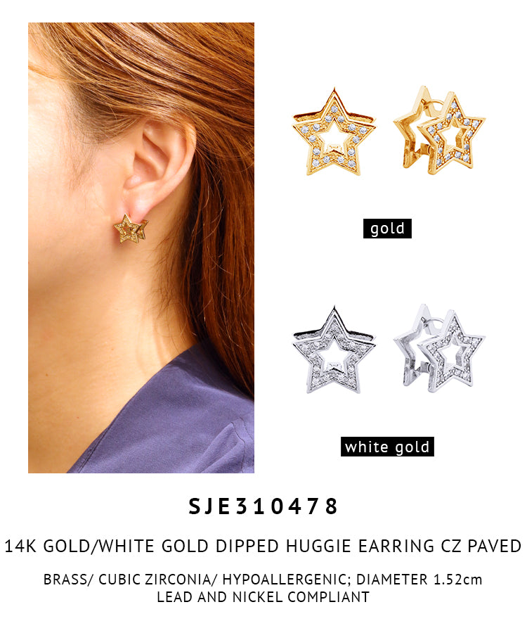 14K Gold Dipped Pave CZ Huggie Star Earrings