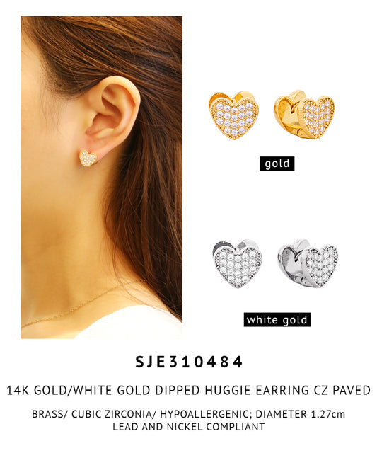14K Gold Dipped Pave CZ Huggie Heart Earrings