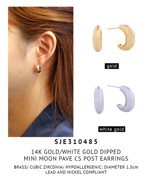 14K Gold Dipped Mini Moon Pave CZ Post Earrings